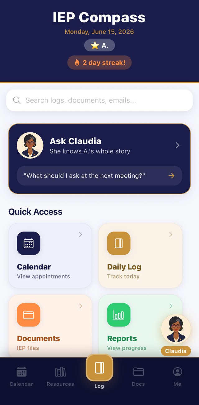 IEP Compass app screens: home dashboard, Ask Claudia, the law cited word for word, documents, and daily log